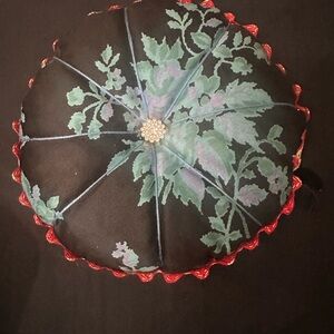 Floral vintage Round pin Cushion with Red Trim